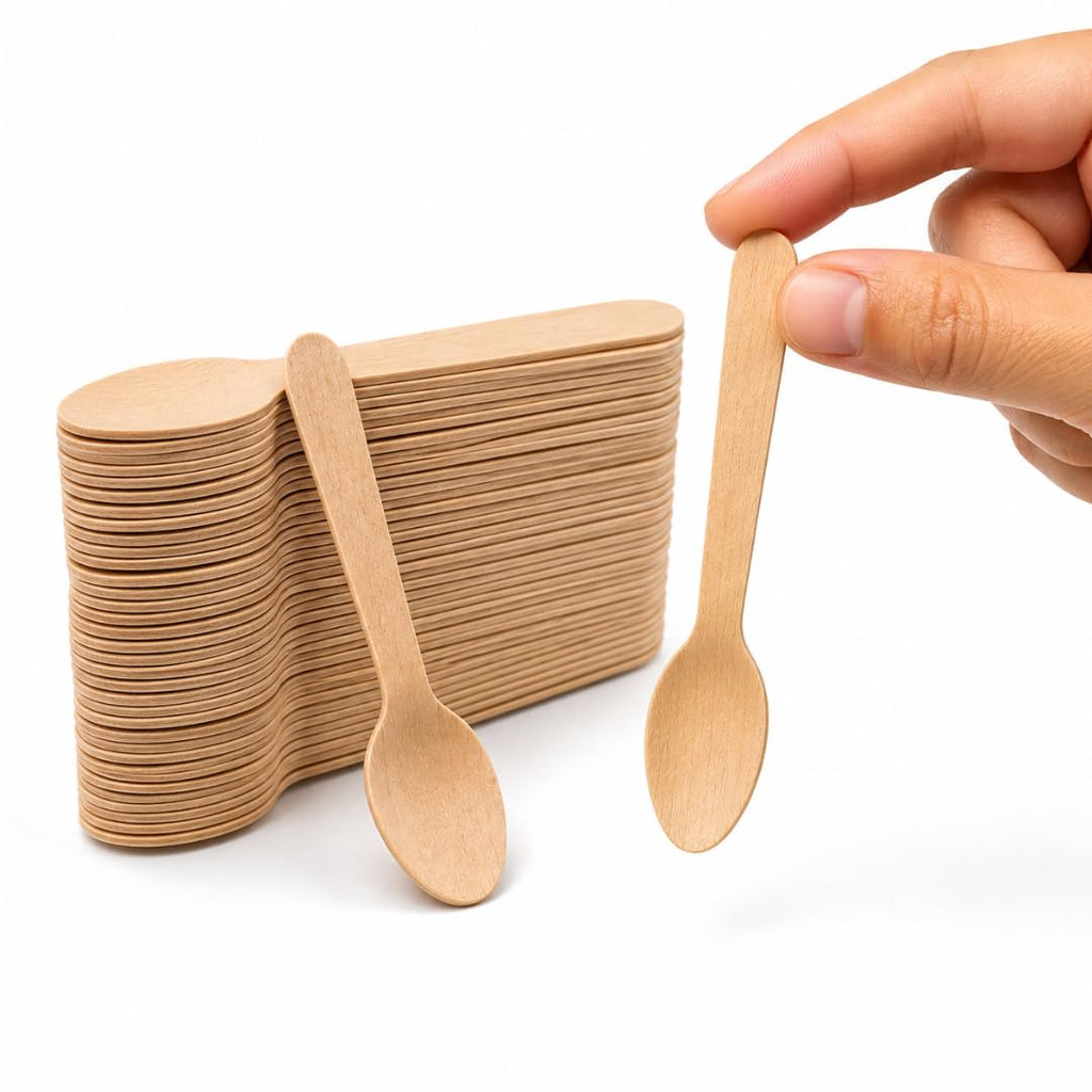 Alpha Basics Pack of 100 Mini Wooden Dessert Icream Pudding Spoons Disposable 11cm Eco Friendly Ice Cream Spoons for Desserts, Pudding, Mousse, Yogurt, Tasting & Party Use