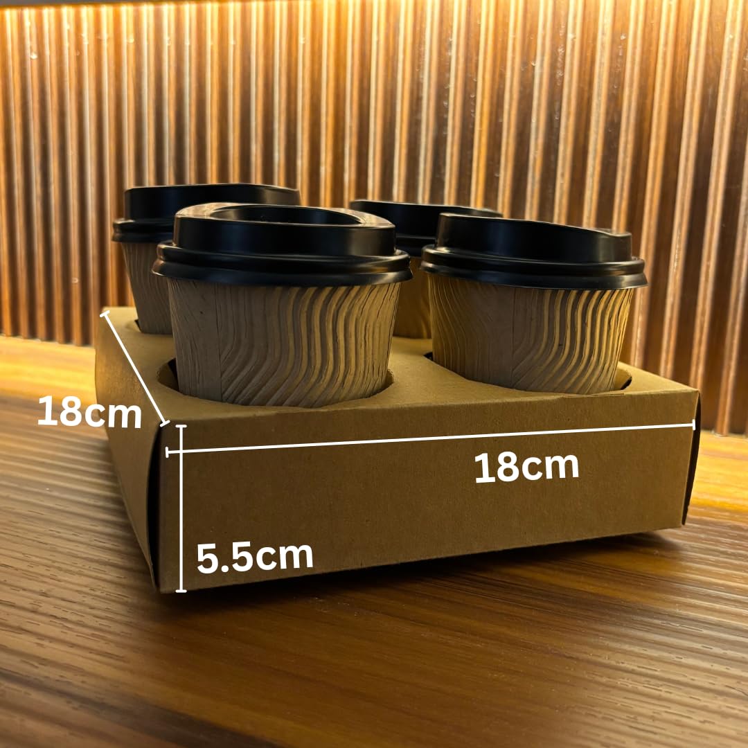 (Pack of 50) 4-Cup Drink Carrier, Disposable Paper Cup Holder, Corrugated Cardboard Tray, Brown