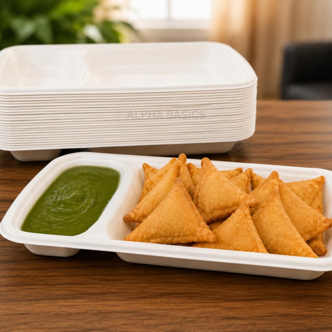 Alpha Basics Pack of 25 Disposable Chip and Dip Tray | 2 Compartment Snack Serving Platter for Samosa, Nachos, Fries, Chutney & Appetizers | Heavy Duty Party Food Plate | Bagasse Material