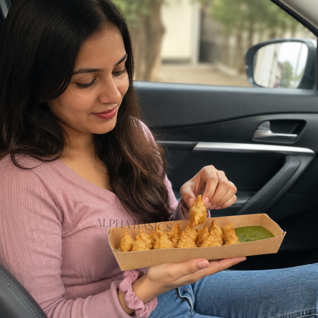 Alpha Basics Pack of 25 Kraft Paper Food Tray Disposable | 26 x 11 x 3 cm Snack Serving Boat | Oil & Leak Resistant Food Serving Tray for Fries, Nachos, Burgers, Chaat, Street Food, Parties & Takeaway