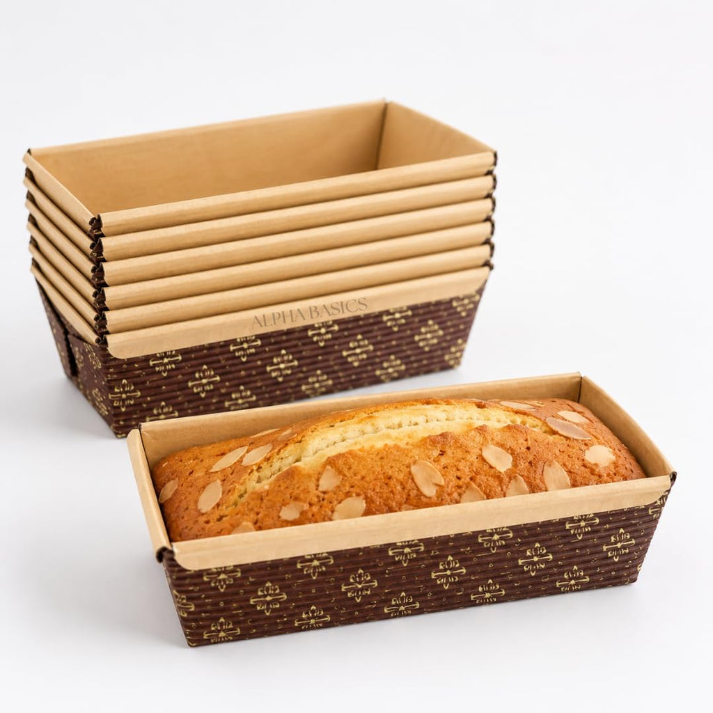 Alpha Basics 250g Paper Loaf Pan for Baking, Bake & Serve Paper Baking Mould, Grease-Resistant Disposable Cake Container, Ideal for Banana Bread, Tea Cake, Pound Cake & Plum Cake, Pack of 10