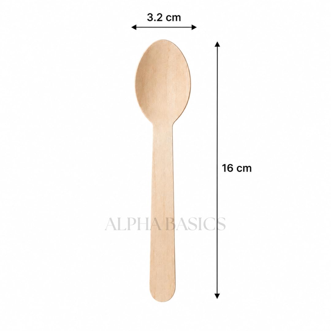 Alpha Basics Disposable Wooden Spoons 16cm – Natural Wooden Eating Spoons for Food, Desserts, Ice Cream, Catering, Restaurants, Parties & Takeaway (Pack of 100)