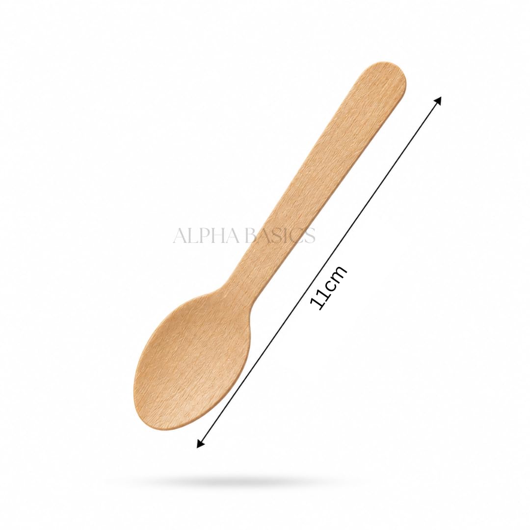 Alpha Basics Pack of 100 Mini Wooden Dessert Icream Pudding Spoons Disposable 11cm Eco Friendly Ice Cream Spoons for Desserts, Pudding, Mousse, Yogurt, Tasting & Party Use