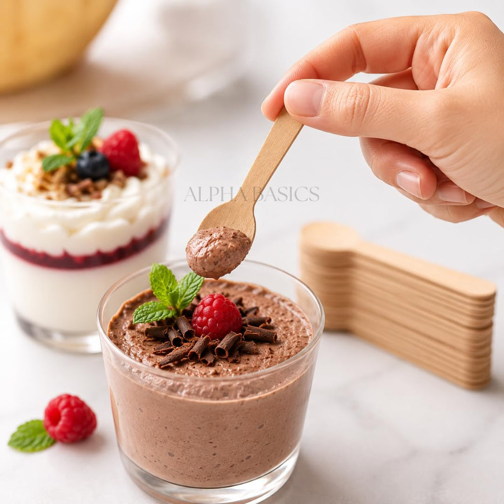 Alpha Basics Pack of 100 Mini Wooden Dessert Icream Pudding Spoons Disposable 11cm Eco Friendly Ice Cream Spoons for Desserts, Pudding, Mousse, Yogurt, Tasting & Party Use