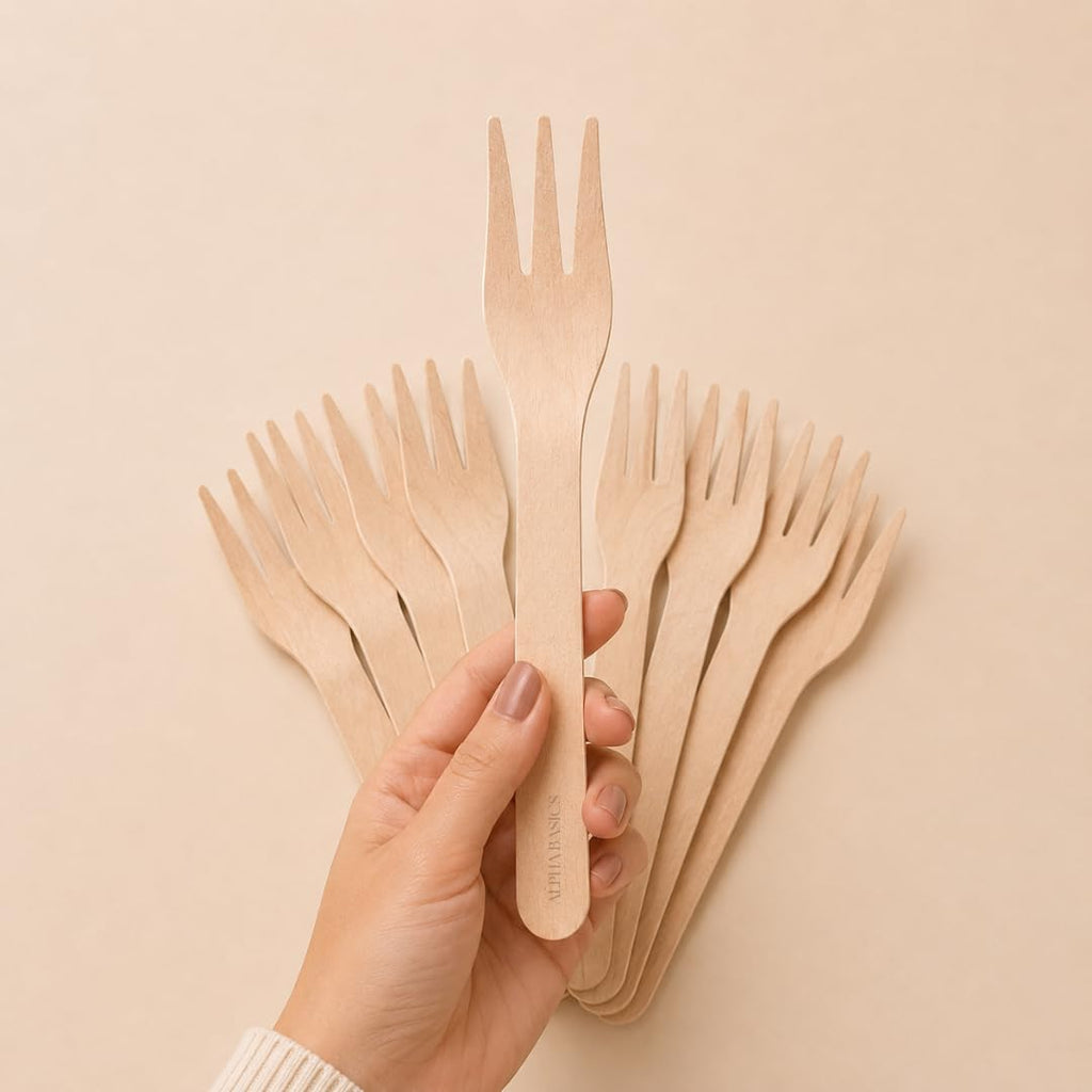 Alpha Basics Wooden Disposable Forks 18cm – Full Size Eco Friendly Wooden Eating Fork for Pasta, Salads, Noodles, Fruits & Meals - Fork for Parties, Catering, Restaurants & Takeaway (Pack of 100)