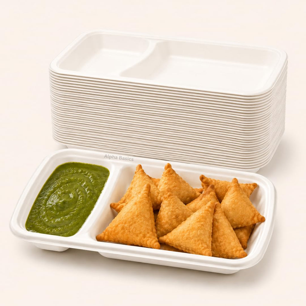 Alpha Basics Pack of 25 Disposable Chip and Dip Tray | 2 Compartment Snack Serving Platter for Samosa, Nachos, Fries, Chutney & Appetizers | Heavy Duty Party Food Plate | Bagasse Material