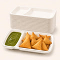 Alpha Basics Pack of 25 Disposable Chip and Dip Tray | 2 Compartment Snack Serving Platter for Samosa, Nachos, Fries, Chutney & Appetizers | Heavy Duty Party Food Plate | Bagasse Material