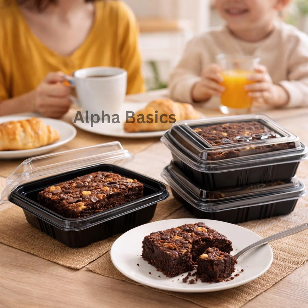 Alpha Basics Pack of 25 Black Plastic Brownie Boxes with Transparent Lid, Bakery Packaging boxes cake boxes for packing