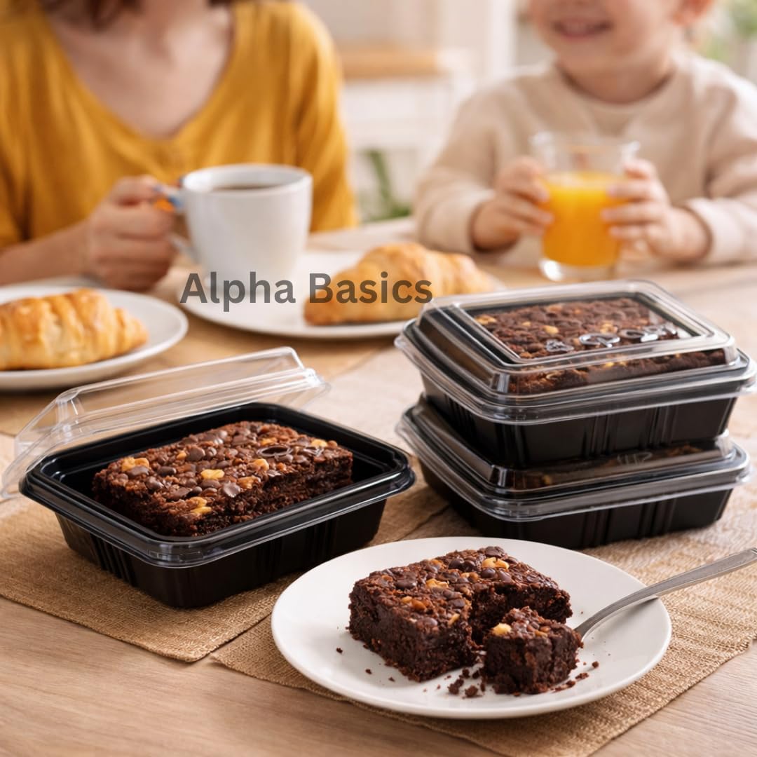 Alpha Basics Pack of 25 Black Plastic Brownie Boxes with Transparent Lid, Bakery Packaging boxes cake boxes for packing