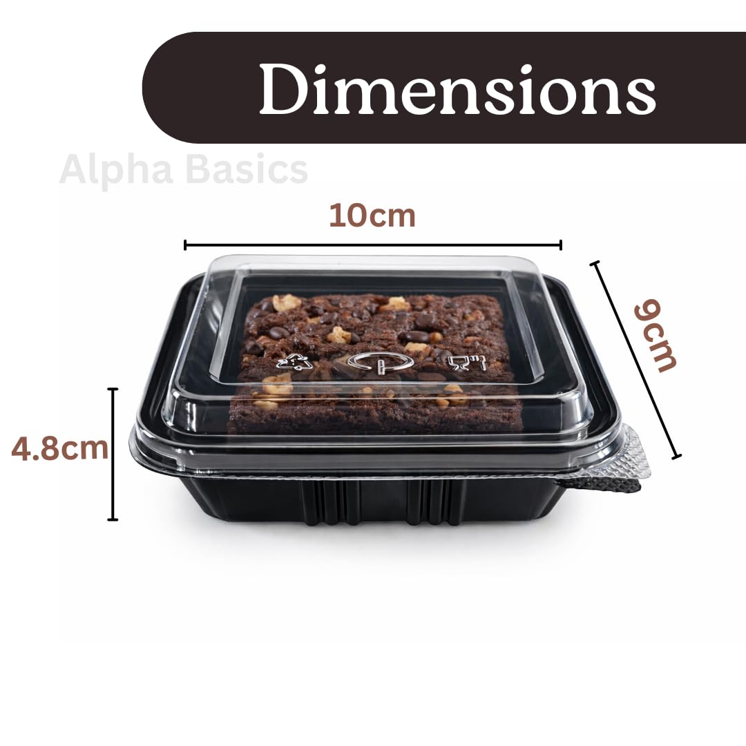 Alpha Basics Pack of 25 Black Plastic Brownie Boxes with Transparent Lid, Bakery Packaging boxes cake boxes for packing