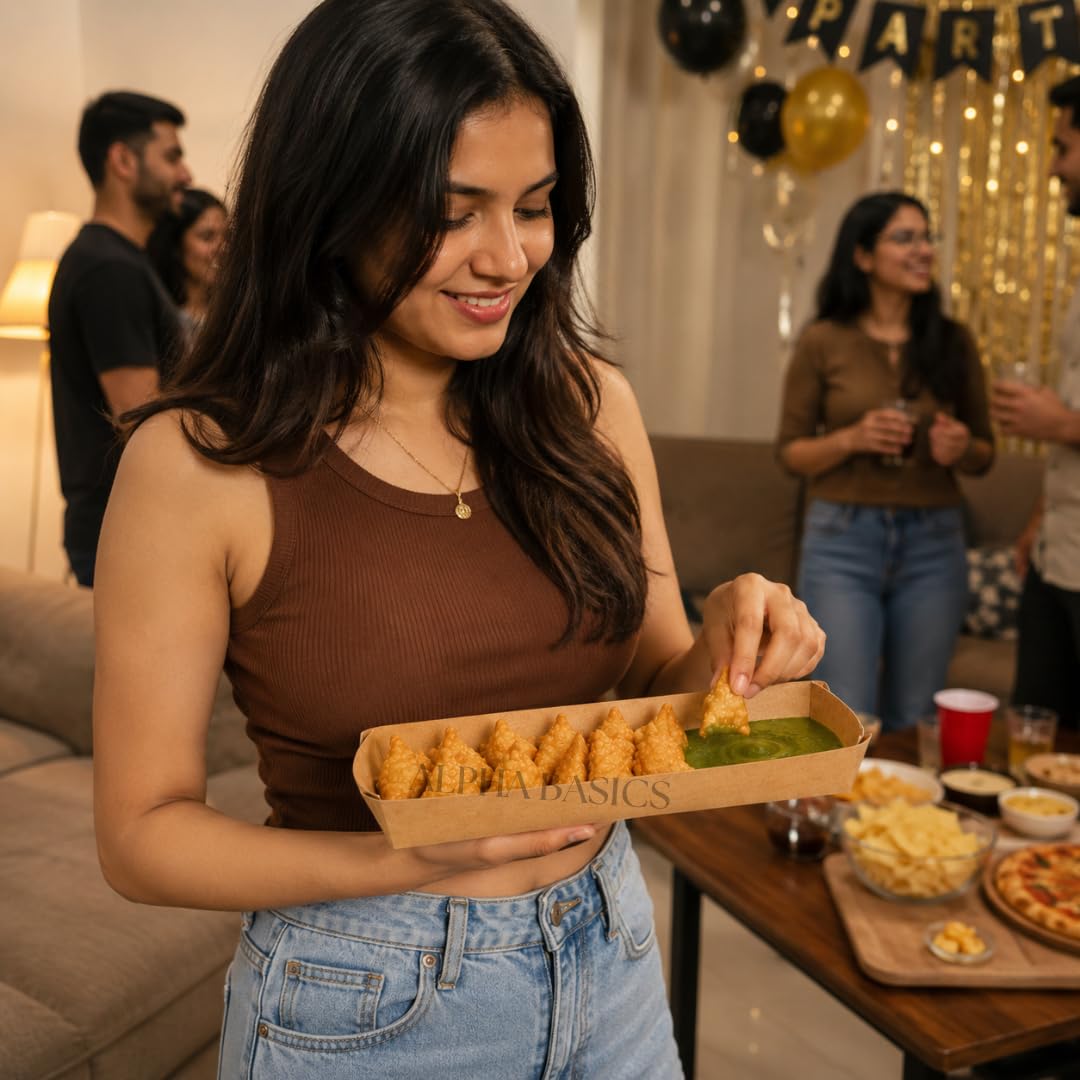 Alpha Basics Pack of 25 Kraft Paper Food Tray Disposable | 26 x 11 x 3 cm Snack Serving Boat | Oil & Leak Resistant Food Serving Tray for Fries, Nachos, Burgers, Chaat, Street Food, Parties & Takeaway