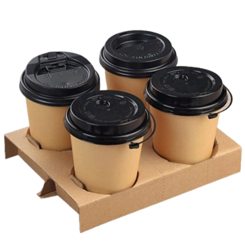 (Pack of 50) 4-Cup Drink Carrier, Disposable Paper Cup Holder, Corrugated Cardboard Tray, Brown