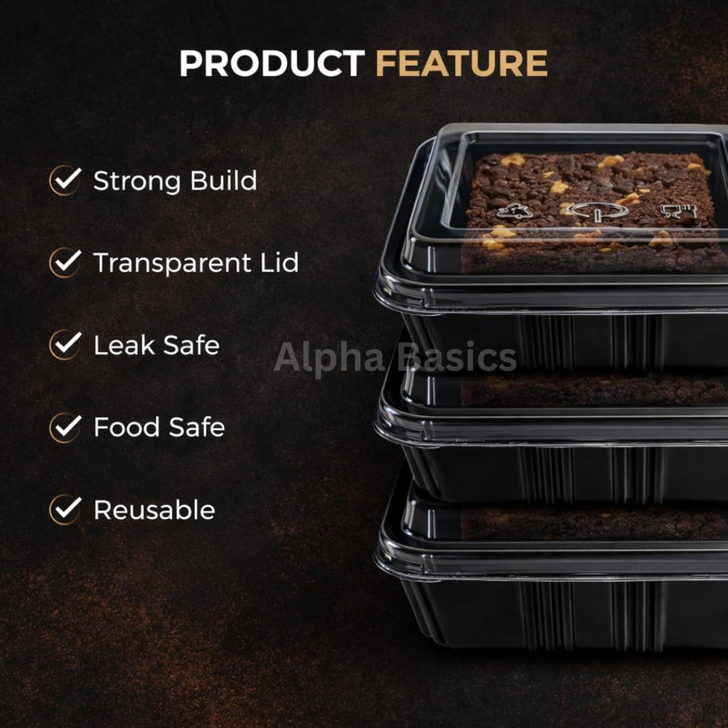 Alpha Basics Pack of 25 Black Plastic Brownie Boxes with Transparent Lid, Bakery Packaging boxes cake boxes for packing