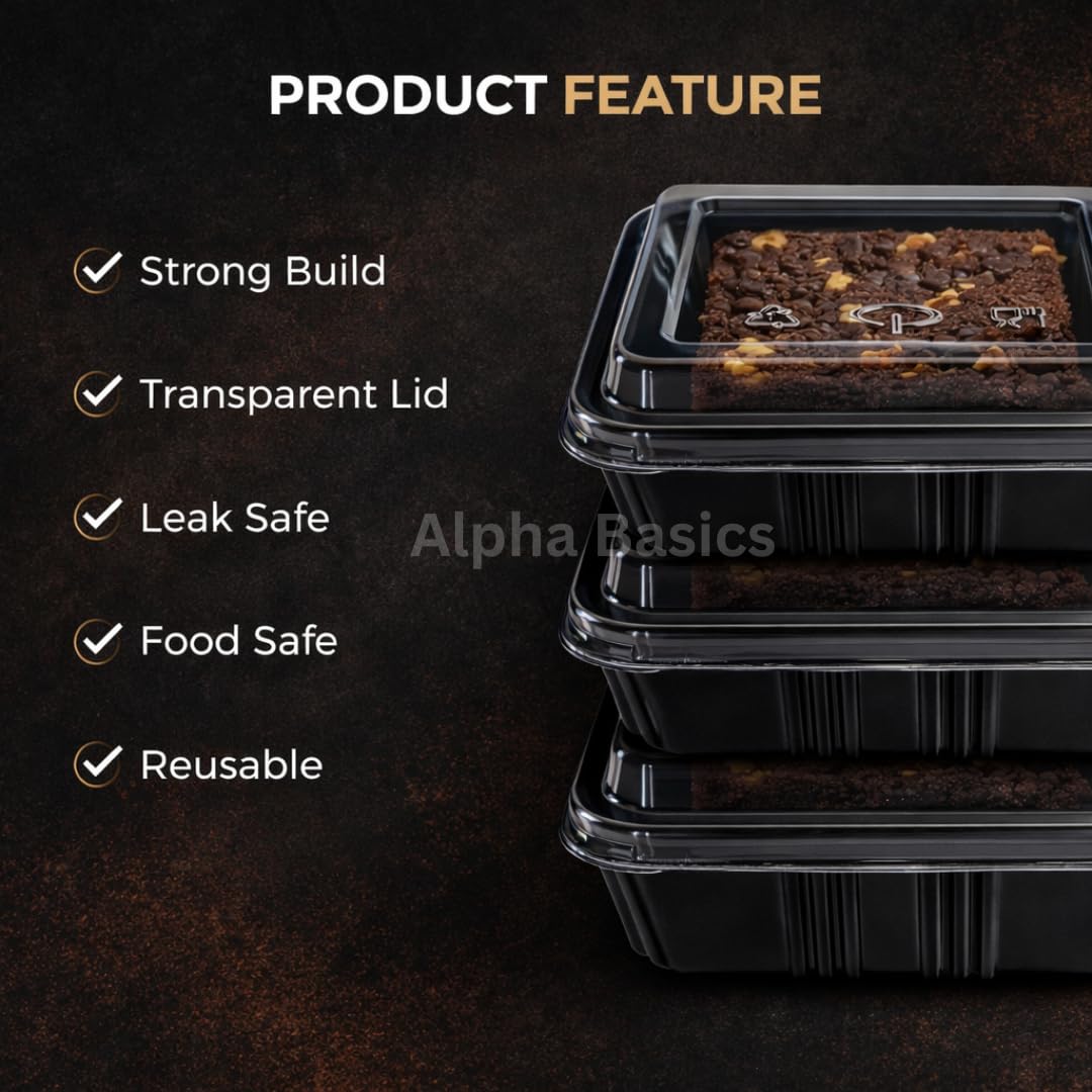 Alpha Basics Pack of 25 Black Plastic Brownie Boxes with Transparent Lid, Bakery Packaging boxes cake boxes for packing