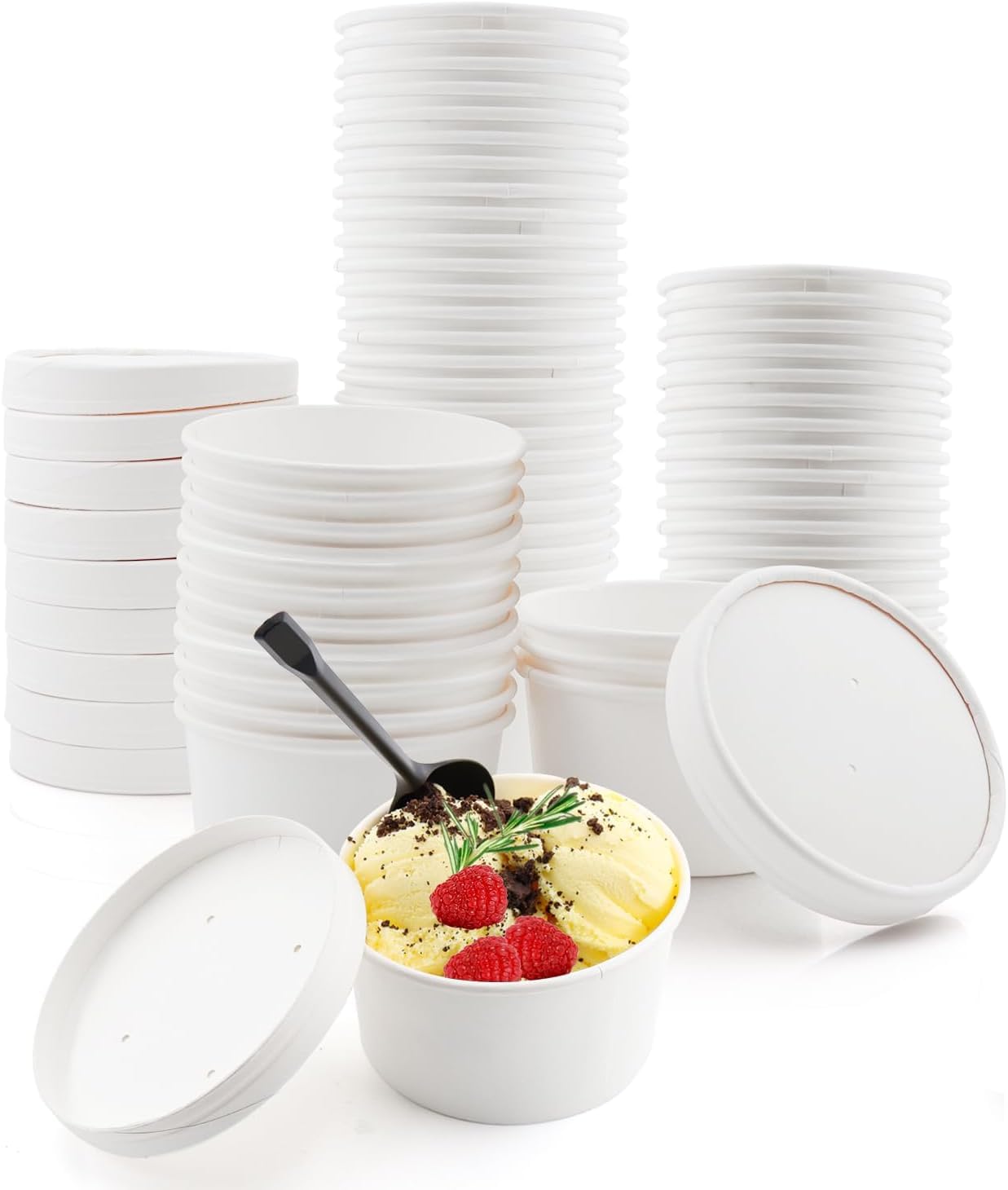 Alpha Basics Pack of 25 300ml Paper Cup with Lid Dessert Vegetable Serving Cups