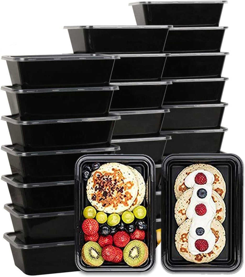 Alpha Basics (Pack of 25 750ml, Black Reusable Rectangle Plastic Food Storage Containers with Lids - Fridge, Microwave Safe - Ideal for Food Delivery, Kitchen and Storage