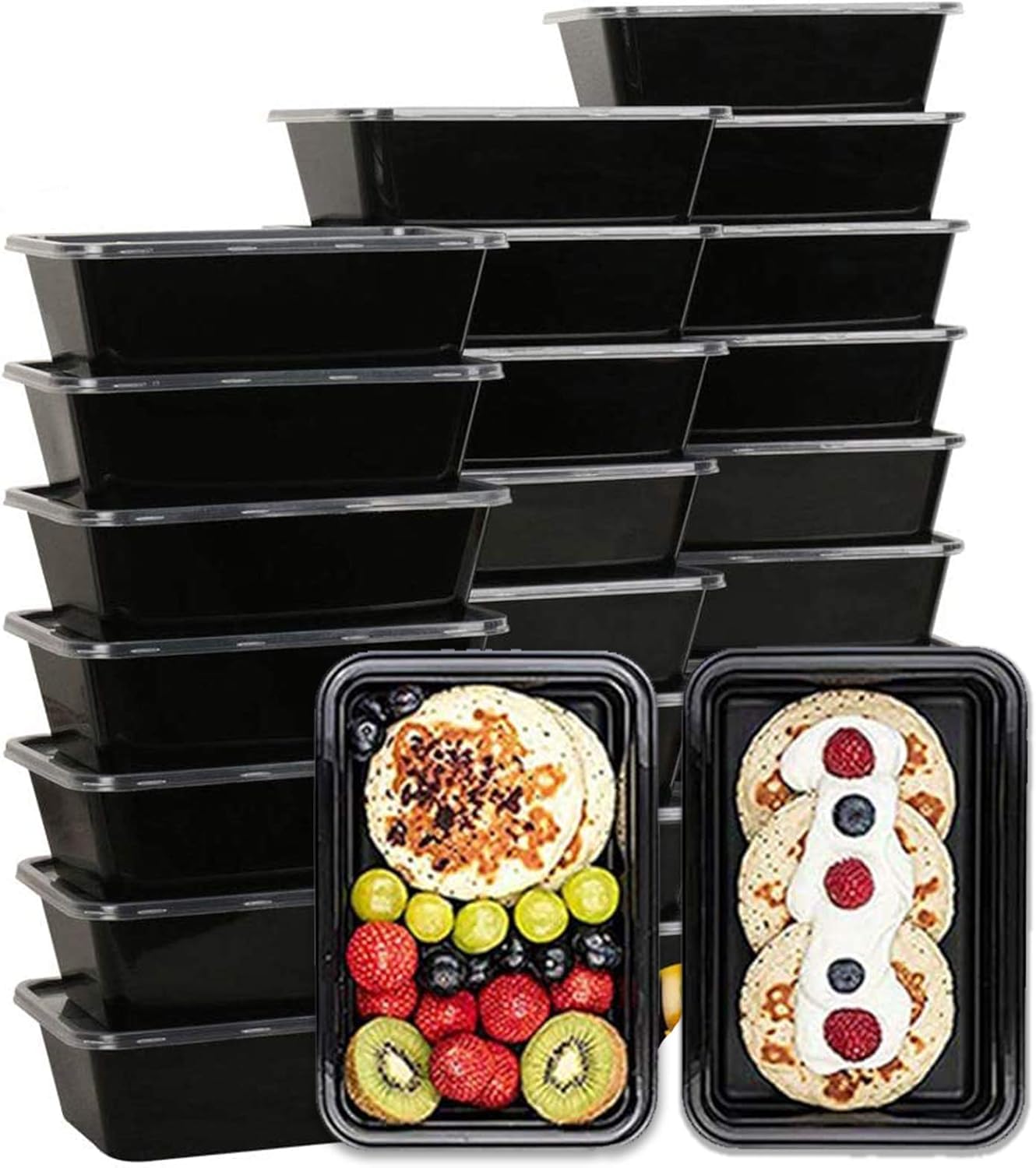 Alpha Basics (Pack of 25 750ml, Black Reusable Rectangle Plastic Food Storage Containers with Lids - Fridge, Microwave Safe - Ideal for Food Delivery, Kitchen and Storage