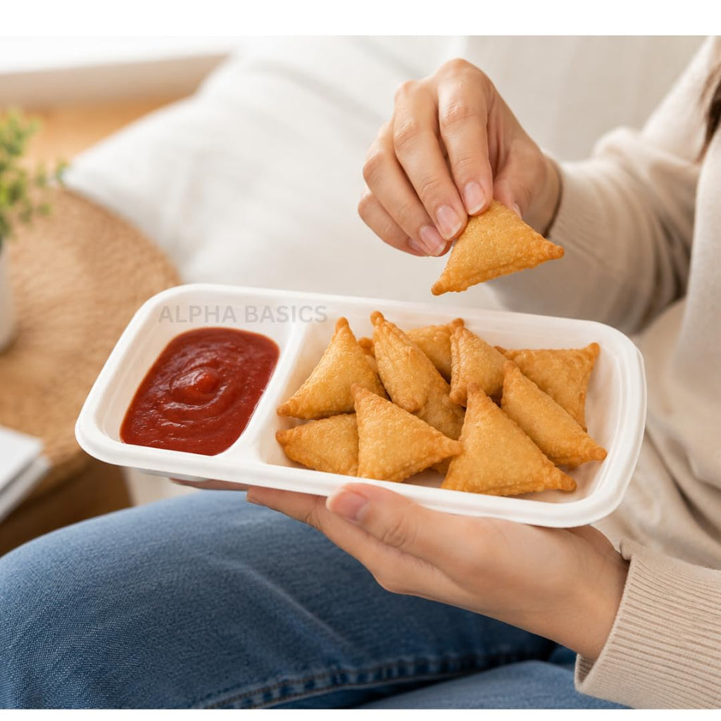 Alpha Basics Pack of 25 Disposable Chip and Dip Tray | 2 Compartment Snack Serving Platter for Samosa, Nachos, Fries, Chutney & Appetizers | Heavy Duty Party Food Plate | Bagasse Material