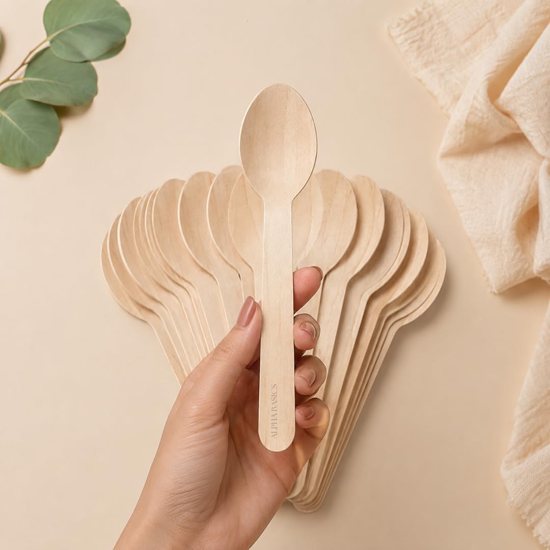 Alpha Basics Disposable Wooden Spoons 16cm – Natural Wooden Eating Spoons for Food, Desserts, Ice Cream, Catering, Restaurants, Parties & Takeaway (Pack of 100)
