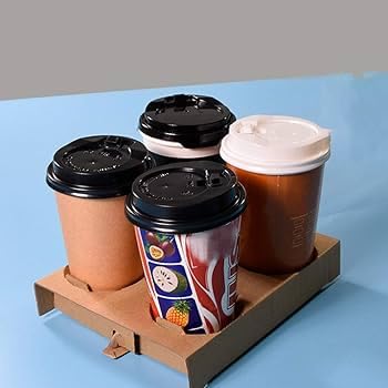 (Pack of 50) 4-Cup Drink Carrier, Disposable Paper Cup Holder, Corrugated Cardboard Tray, Brown