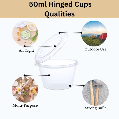 Alpha Basics 50ml Plastic Container with Attached Lid (Pack of 25) Sauce Chutney Food Packaging Containers, Transparent