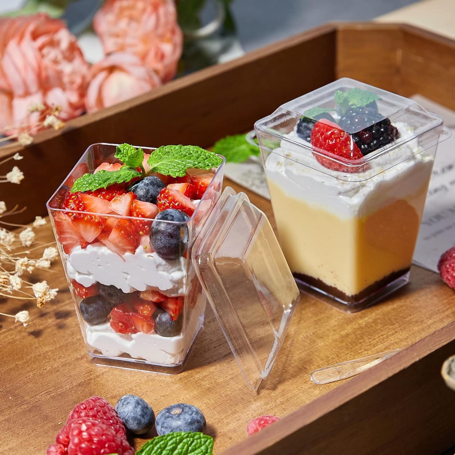 Alpha Basics Glass Large 250ml Dessert Mousse Cups with Lids, Transparent