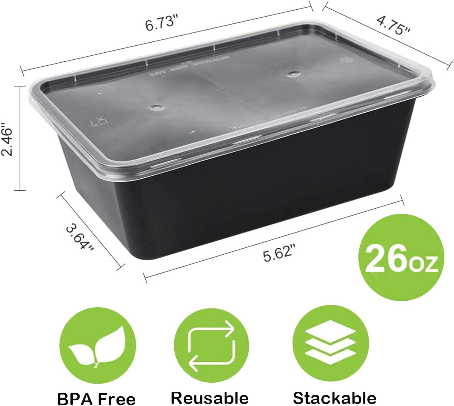 Alpha Basics (Pack of 25 750ml, Black Reusable Rectangle Plastic Food Storage Containers with Lids - Fridge, Microwave Safe - Ideal for Food Delivery, Kitchen and Storage