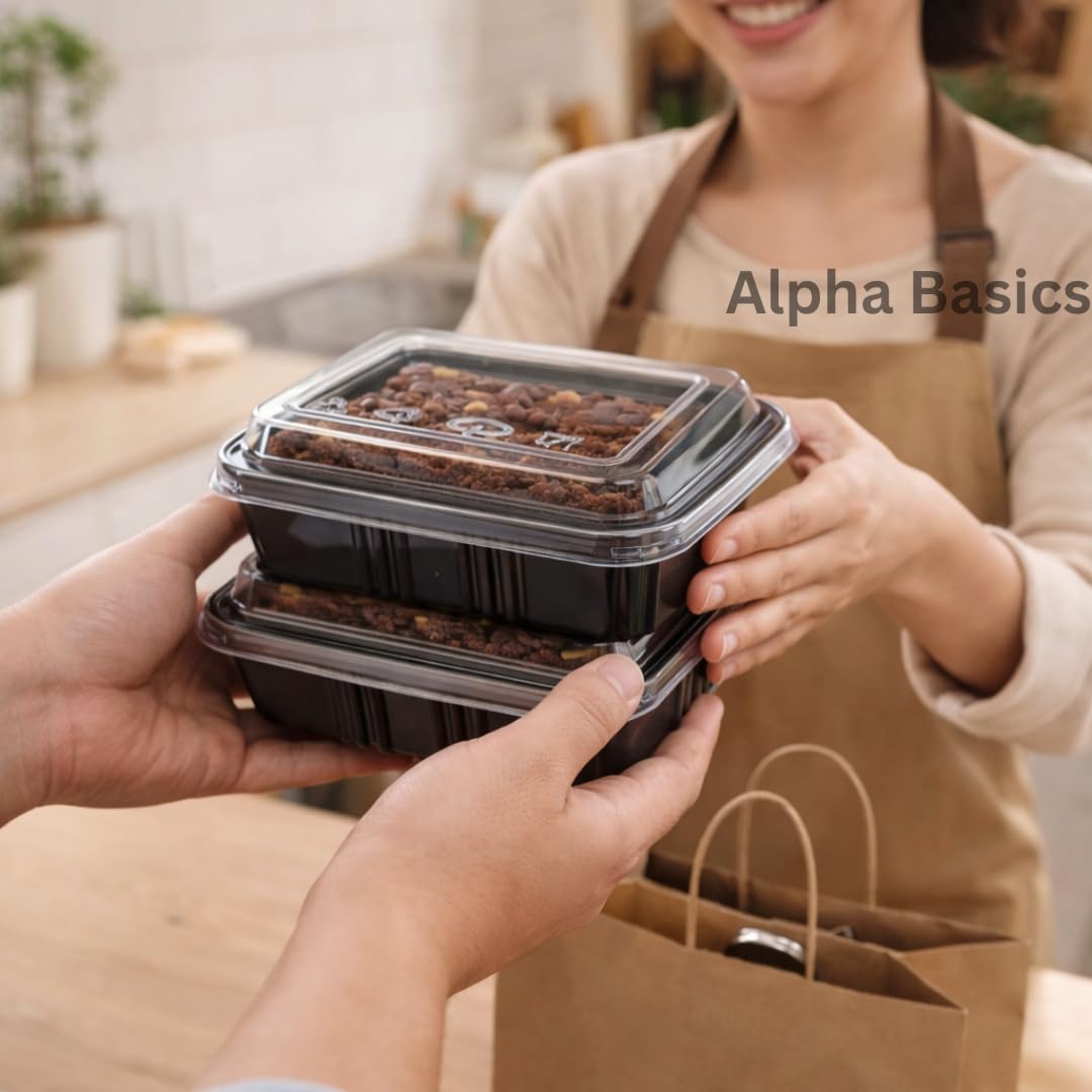 Alpha Basics Pack of 25 Black Plastic Brownie Boxes with Transparent Lid, Bakery Packaging boxes cake boxes for packing