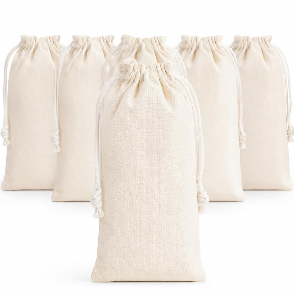 Alpha Basics Pack of 10 Cotton Drawstring Pouch Bag 4 x 8 Inch, White Muslin Storage Bags with Drawstring Closure for Jewelry, Gifts, Wedding Favors, Soap, Candles, Herbs and Cosmetics