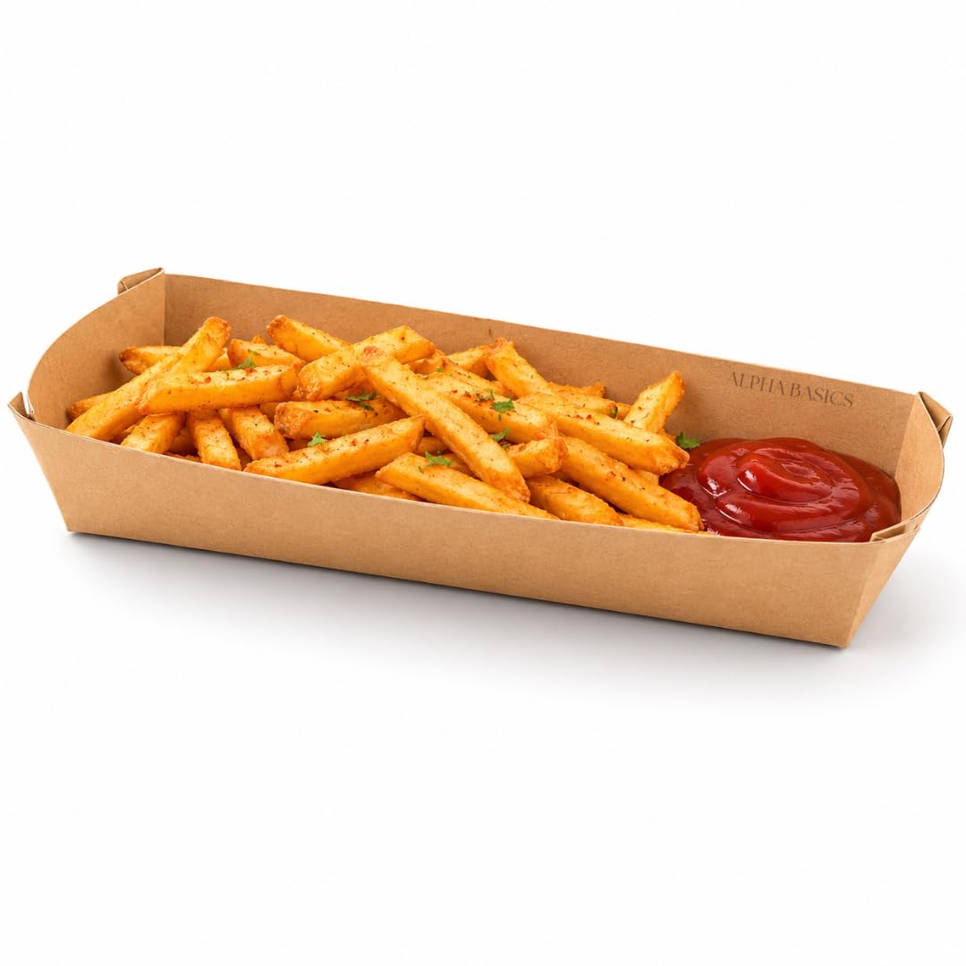 Alpha Basics Pack of 25 Kraft Paper Food Tray Disposable | 26 x 11 x 3 cm Snack Serving Boat | Oil & Leak Resistant Food Serving Tray for Fries, Nachos, Burgers, Chaat, Street Food, Parties & Takeaway