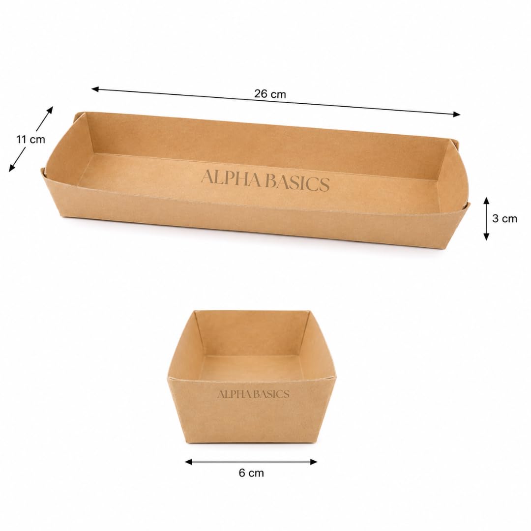 Alpha Basics Pack of 25 Kraft Paper Food Tray Disposable | 26 x 11 x 3 cm Snack Serving Boat | Oil & Leak Resistant Food Serving Tray for Fries, Nachos, Burgers, Chaat, Street Food, Parties & Takeaway