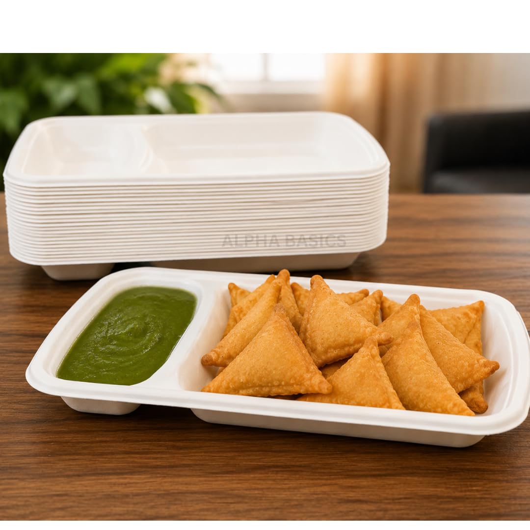 Alpha Basics Pack of 25 Disposable Chip and Dip Tray | 2 Compartment Snack Serving Platter for Samosa, Nachos, Fries, Chutney & Appetizers | Heavy Duty Party Food Plate | Bagasse Material