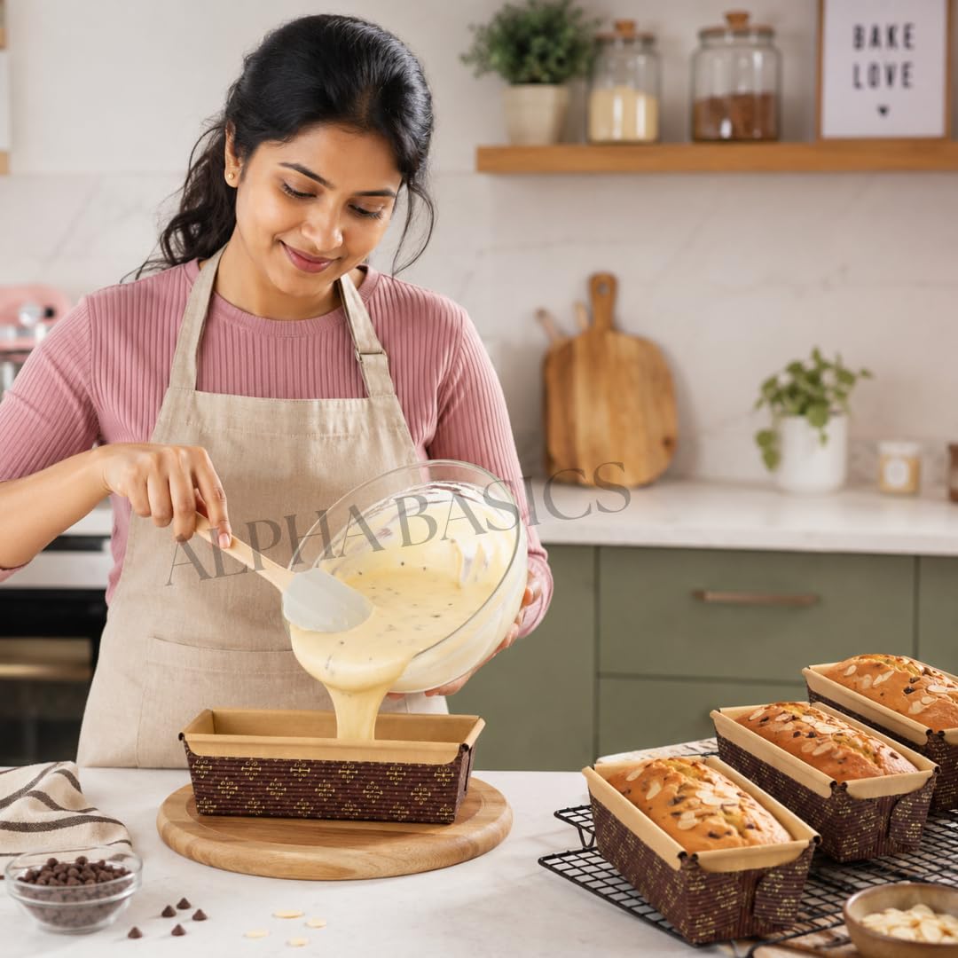 Alpha Basics 250g Paper Loaf Pan for Baking, Bake & Serve Paper Baking Mould, Grease-Resistant Disposable Cake Container, Ideal for Banana Bread, Tea Cake, Pound Cake & Plum Cake, Pack of 10