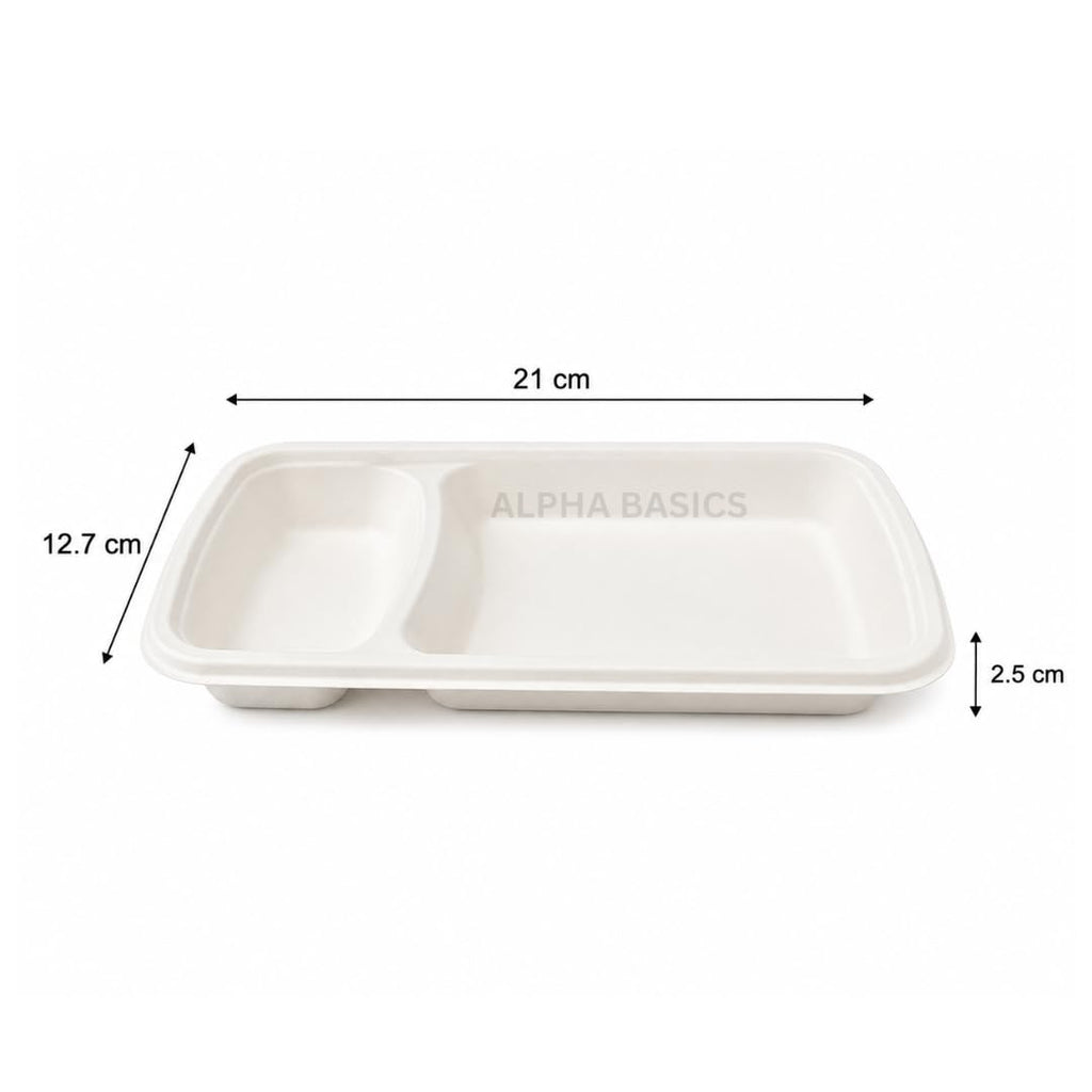 Alpha Basics Pack of 25 Disposable Chip and Dip Tray | 2 Compartment Snack Serving Platter for Samosa, Nachos, Fries, Chutney & Appetizers | Heavy Duty Party Food Plate | Bagasse Material
