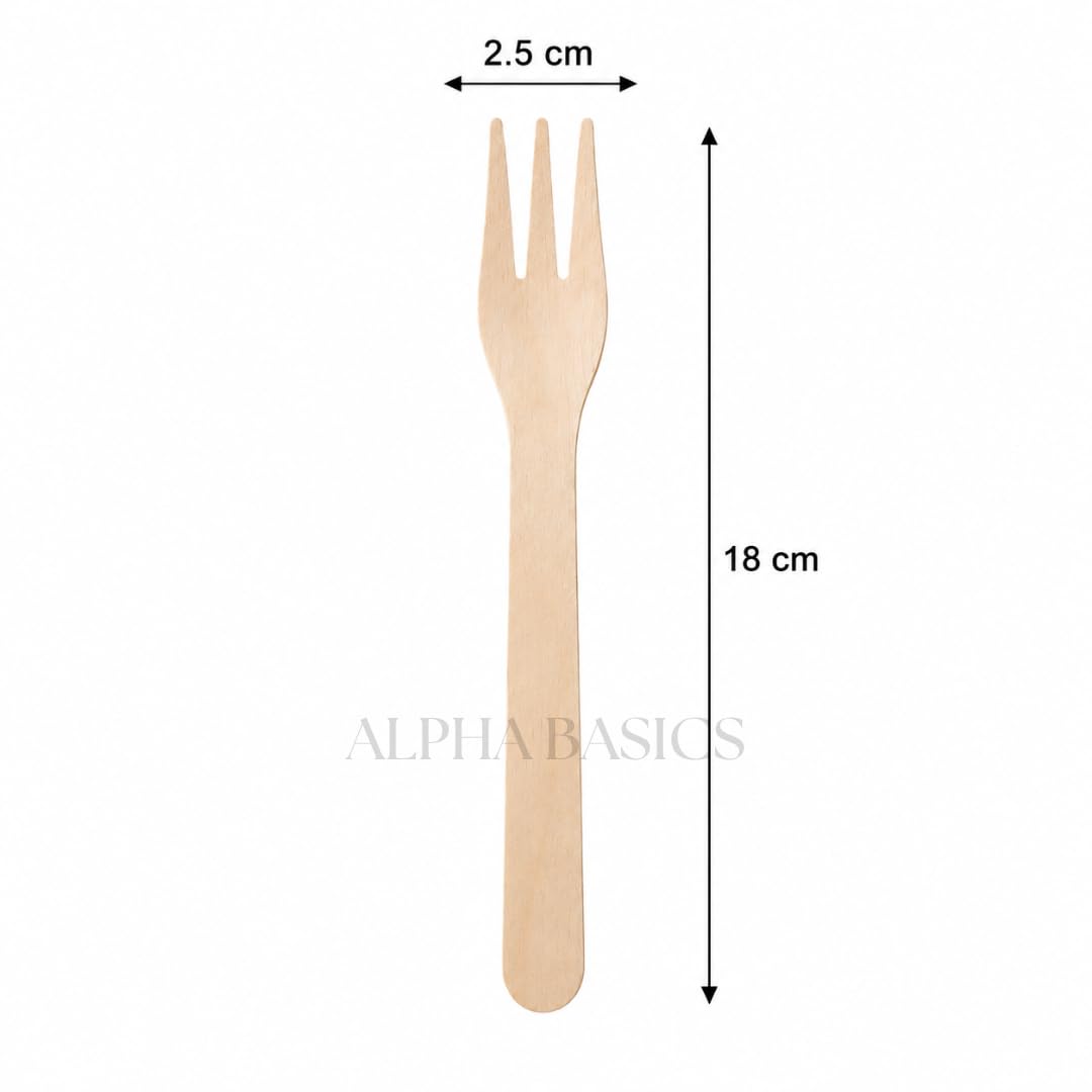 Alpha Basics Wooden Disposable Forks 18cm – Full Size Eco Friendly Wooden Eating Fork for Pasta, Salads, Noodles, Fruits & Meals - Fork for Parties, Catering, Restaurants & Takeaway (Pack of 100)